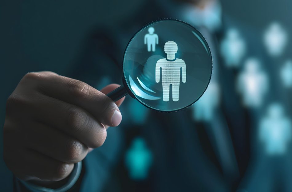 HRM or Human Resource Management, CEO use magnifier glass focus to manager icon which is among staff icons for human development recruitment leadership and customer target group concept.